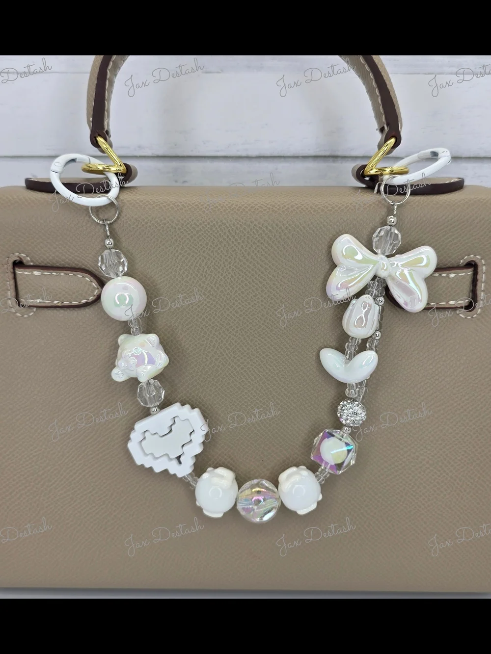 Iridescent White Bow And Heart Beaded Phone/Purse/Key Lanyard CH4376